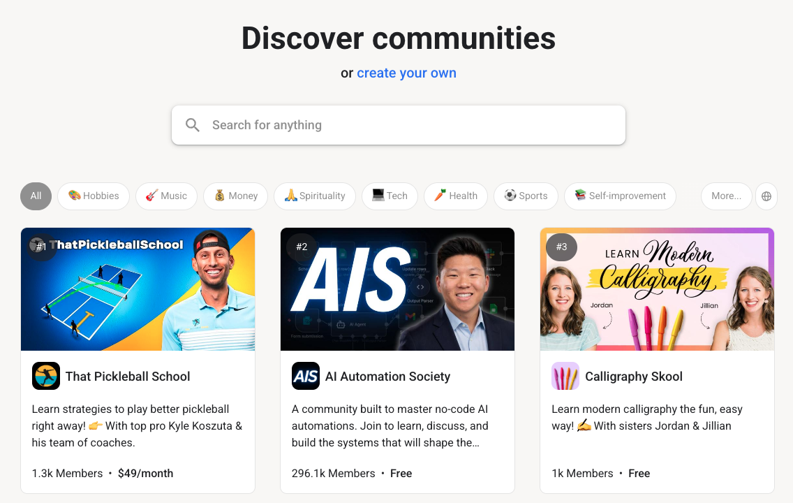 Skool Discover communities page with That Pickleball School ranked #1 overall.